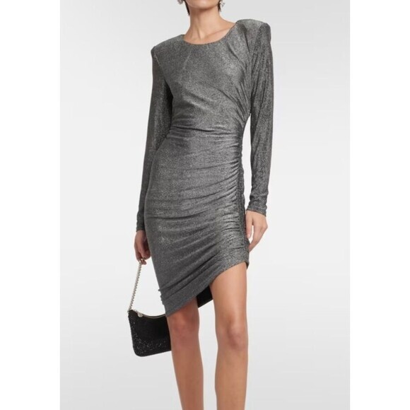 NWT Veronica Beard Cyrus Metallic Long Sleeve Ruched Mini Dress Gunmetal‎ Medium - Picture 2 of 12